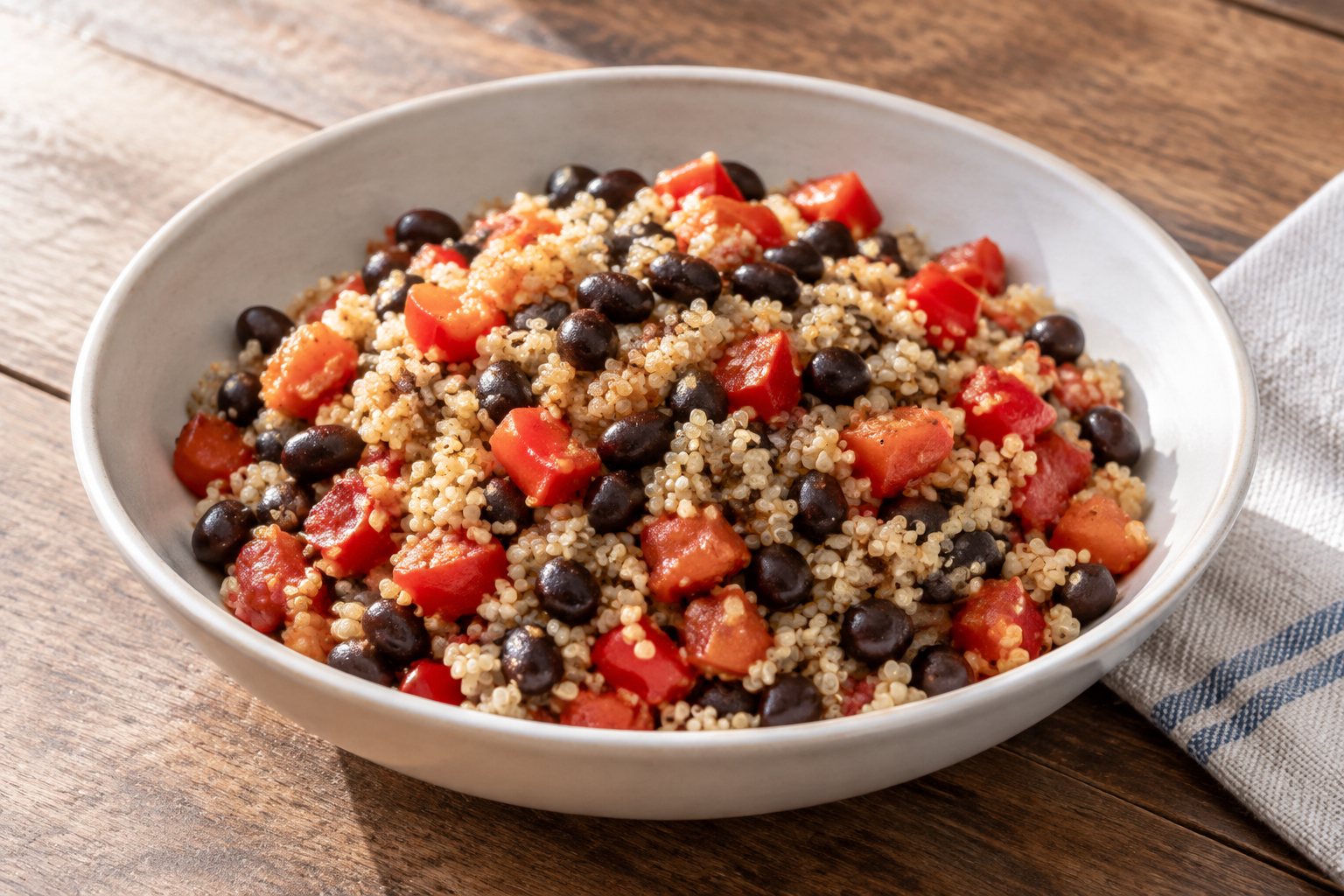 Quinoa quente com feijão preto cozido e pimentão vermelho