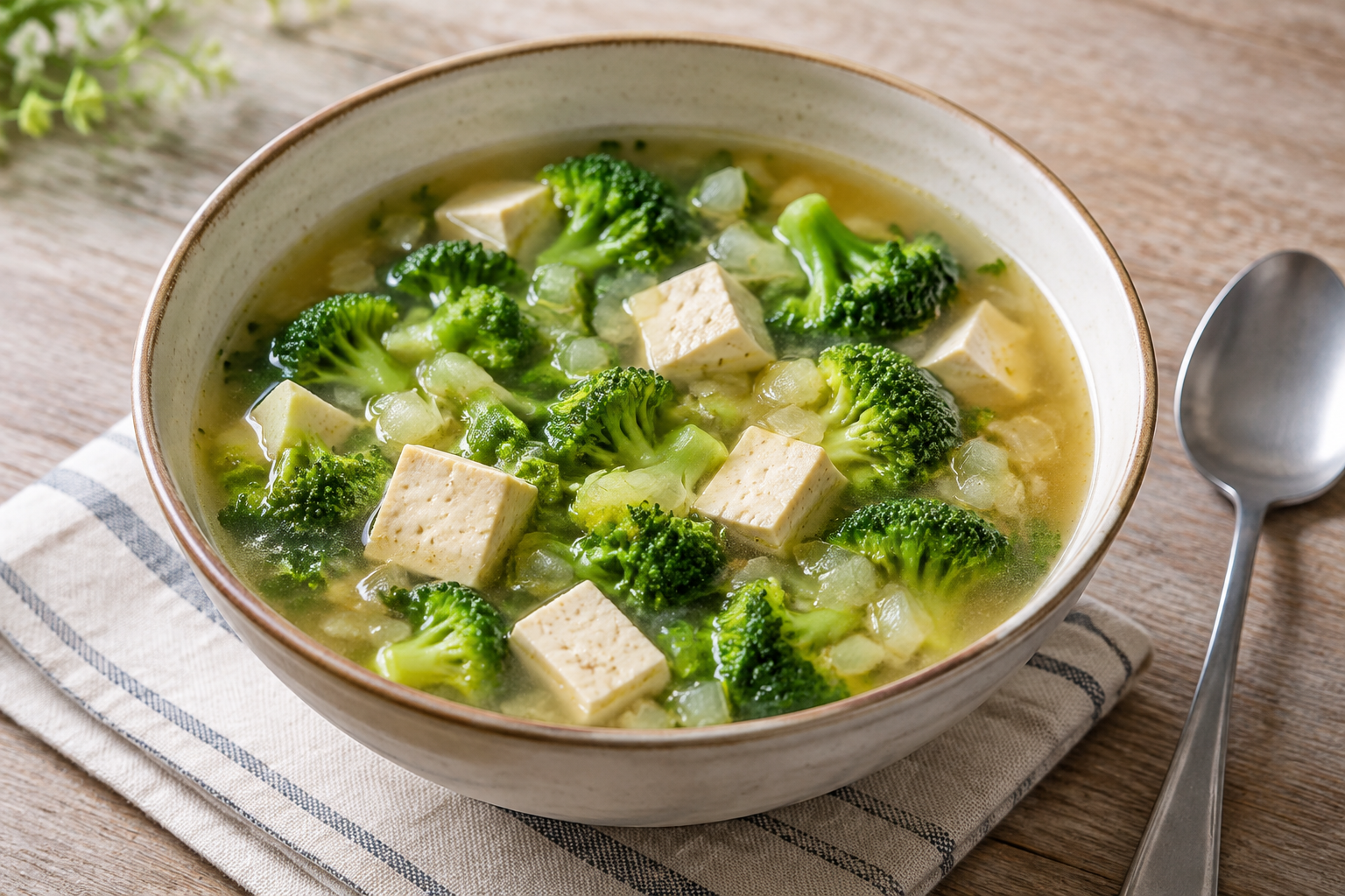 Sopa caseira com tofu firme e brócolis