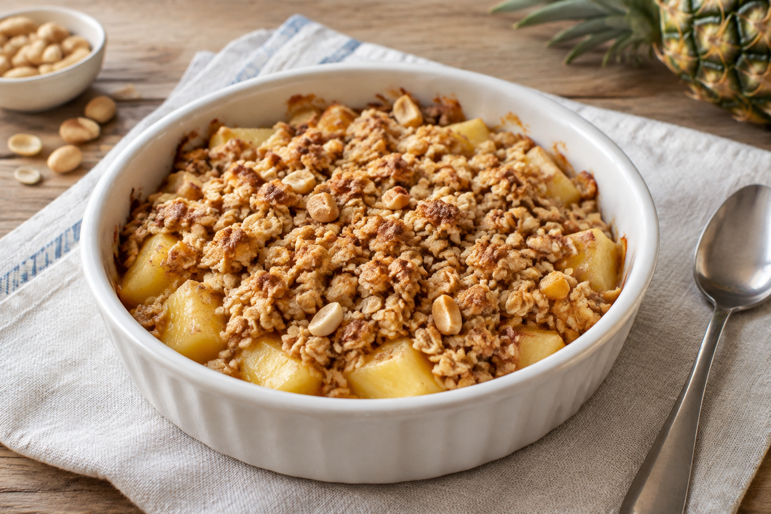 Crumble de aveia com abacaxi e amendoim
