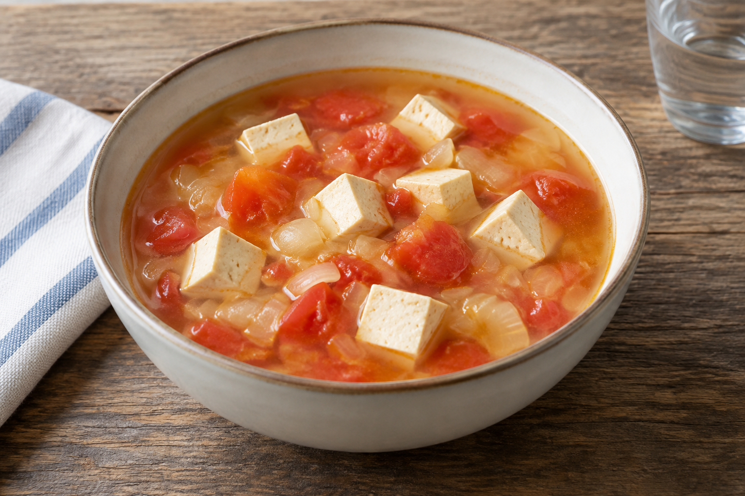Sopa caseira com tofu firme e tomate