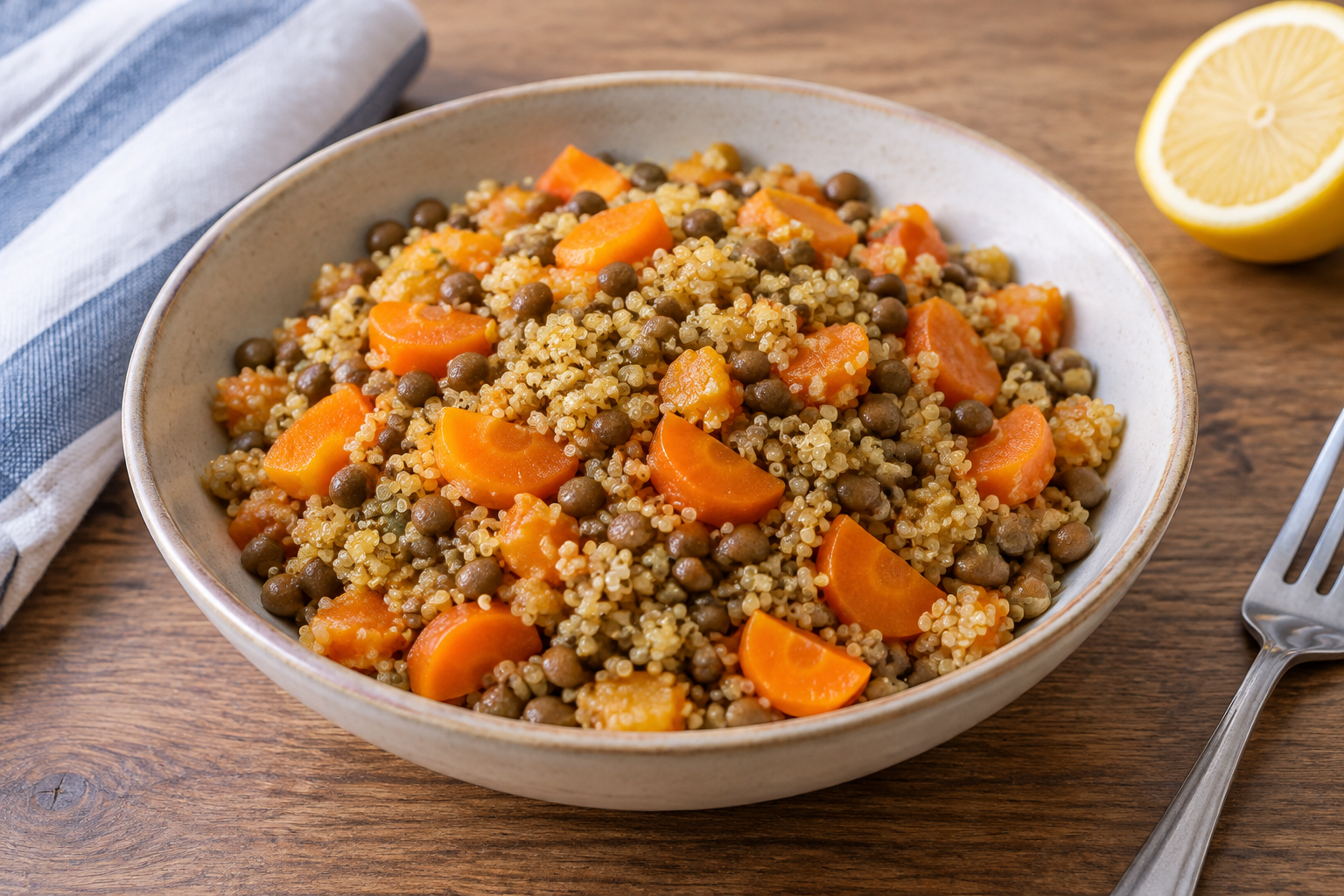 Quinoa quente com lentilha cozida e cenoura