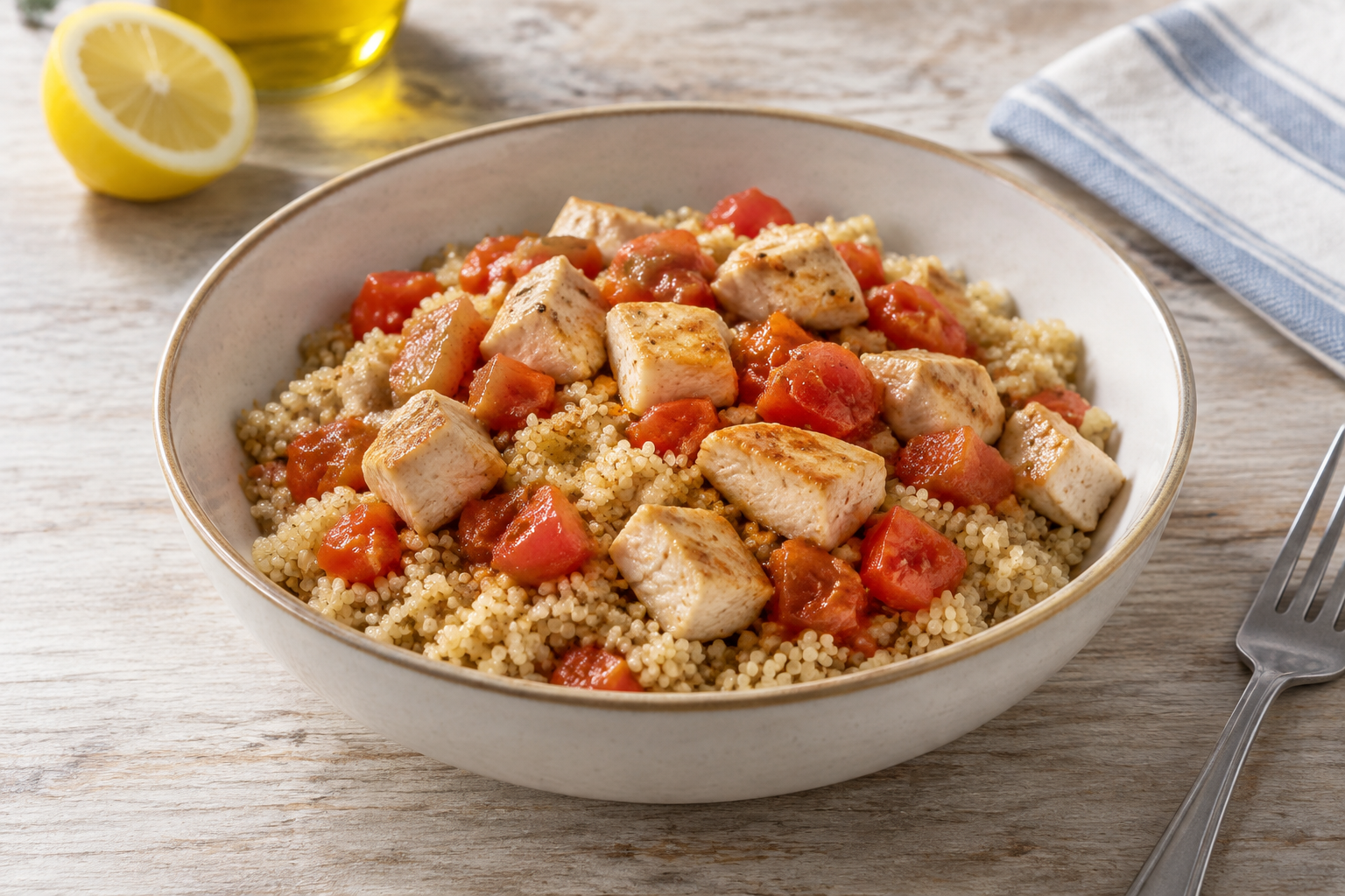 Bowl morno com peito de frango e tomate · quinoa
