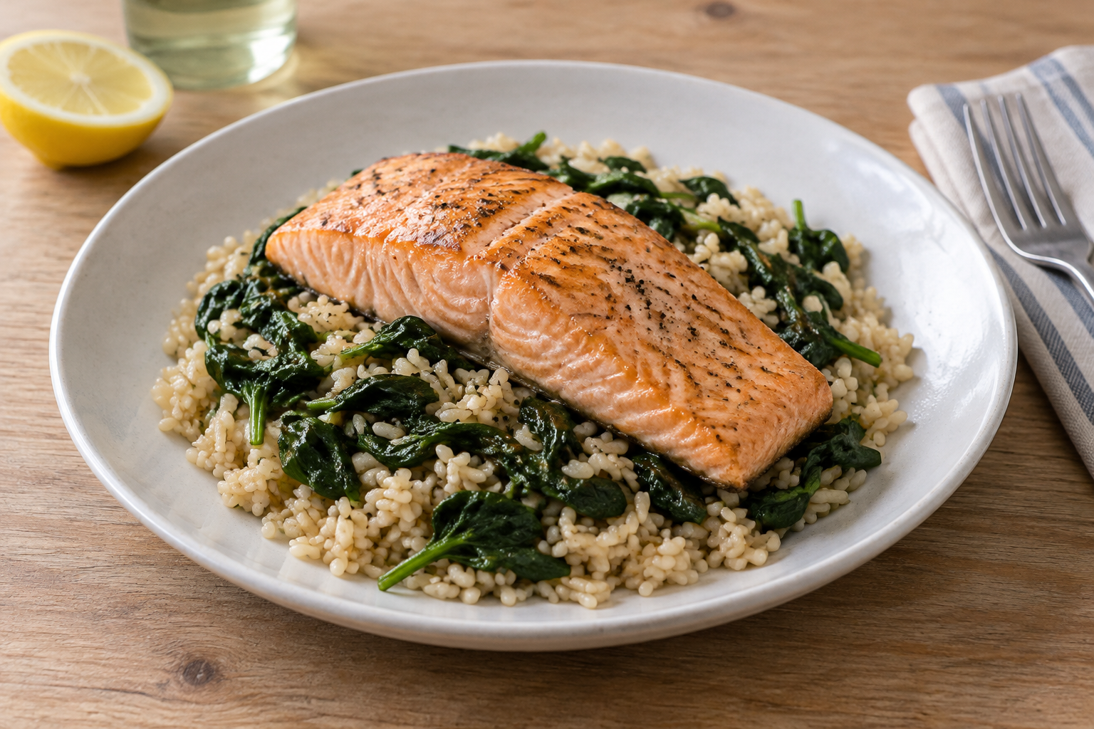 Arroz integral com salmão e espinafre