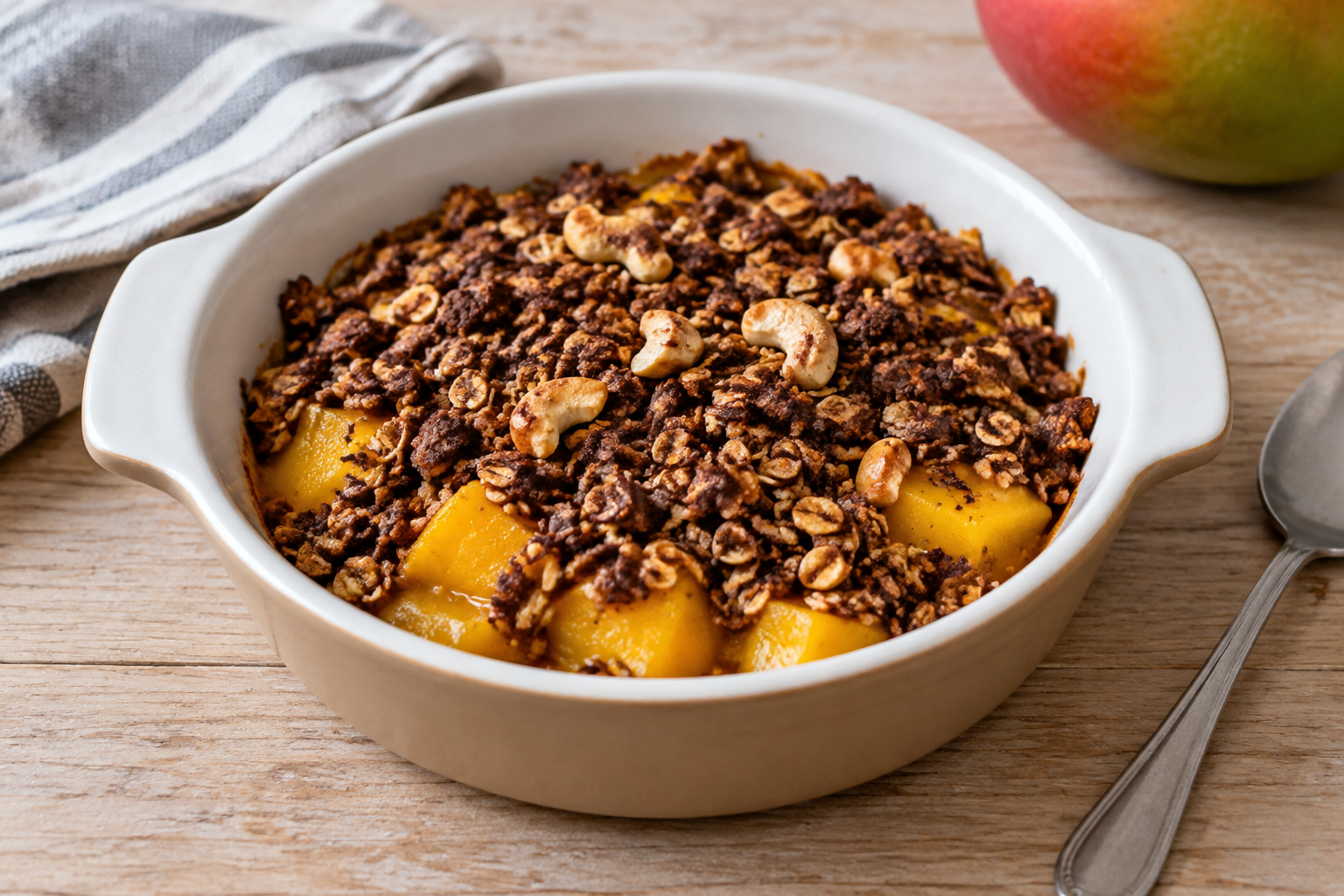 Crumble de aveia com manga e castanha-de-caju com cacau em pó sem açúcar