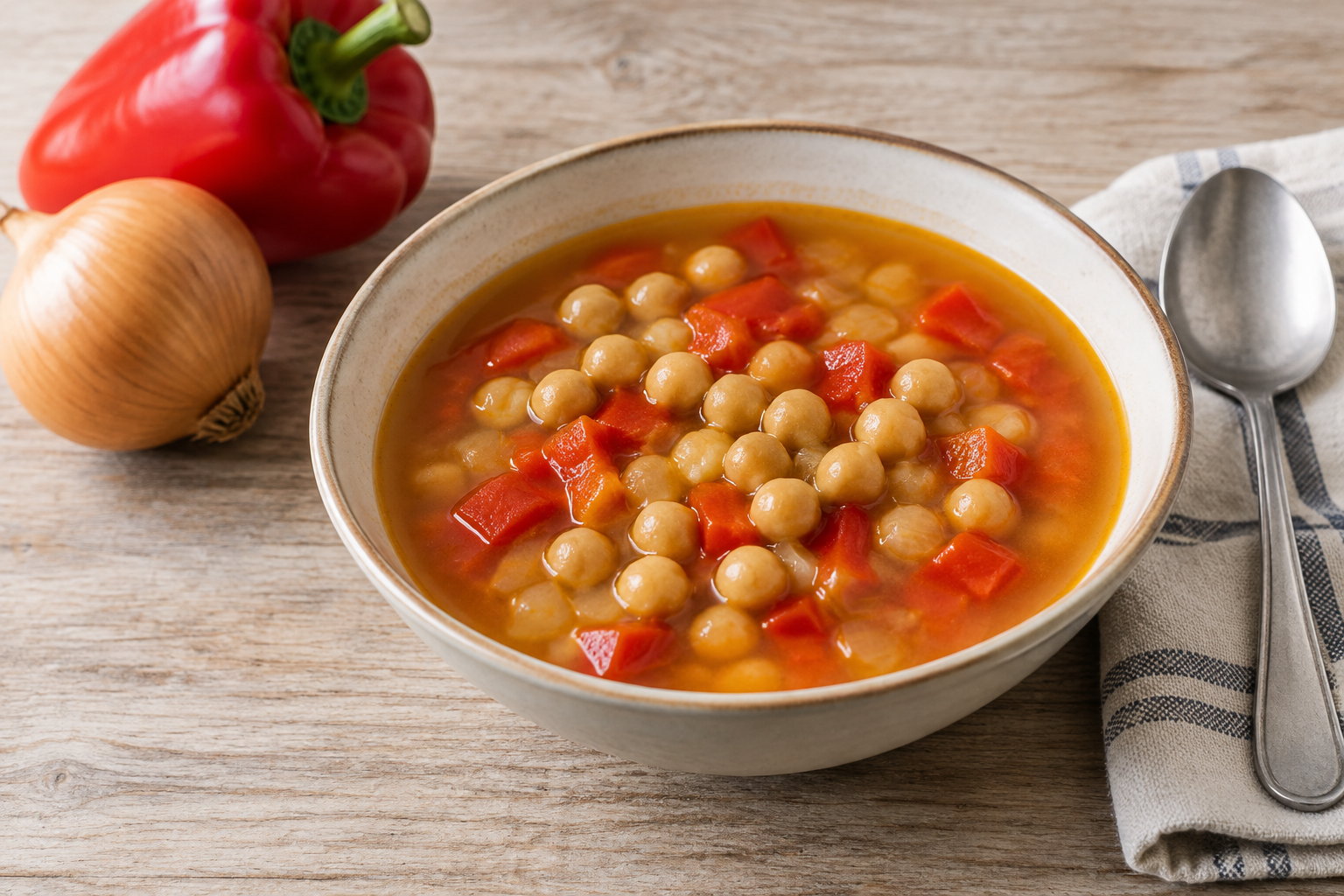 Sopa caseira com grão-de-bico cozido e pimentão vermelho