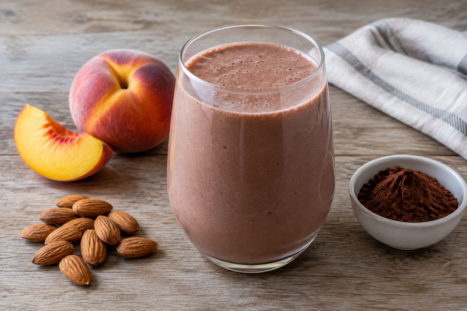 Vitamina cremosa com pêssego e amêndoas com cacau em pó sem açúcar
