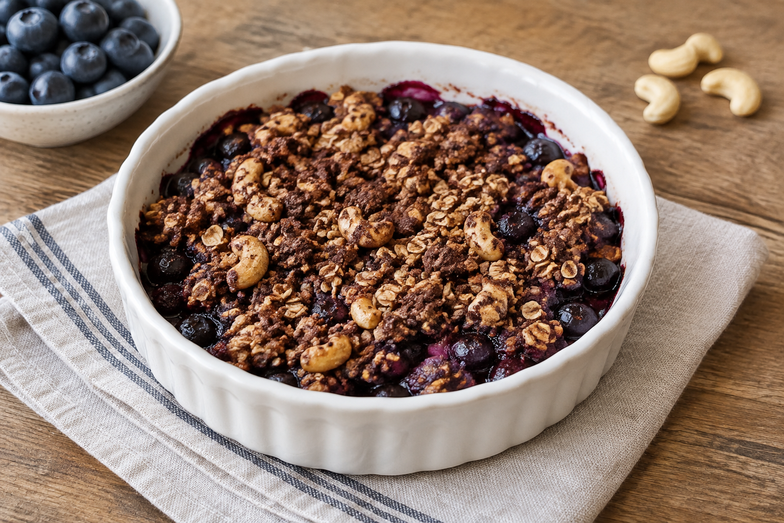 Crumble de aveia com mirtilo e castanha-de-caju com cacau em pó sem açúcar