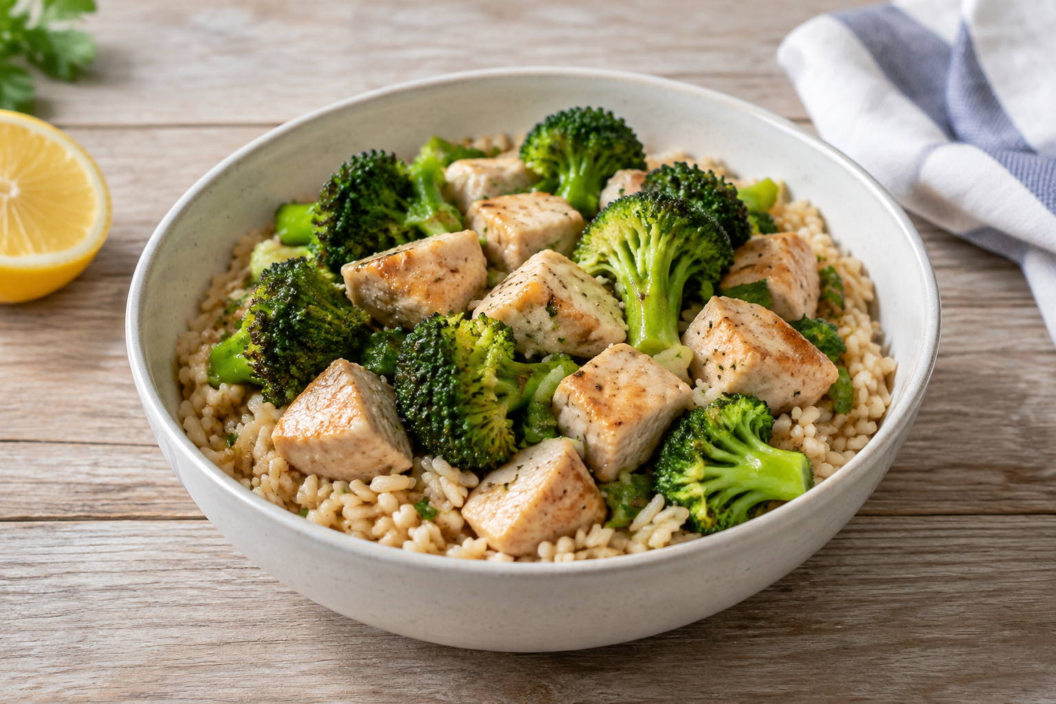 Bowl morno com peito de frango e brócolis · arroz integral