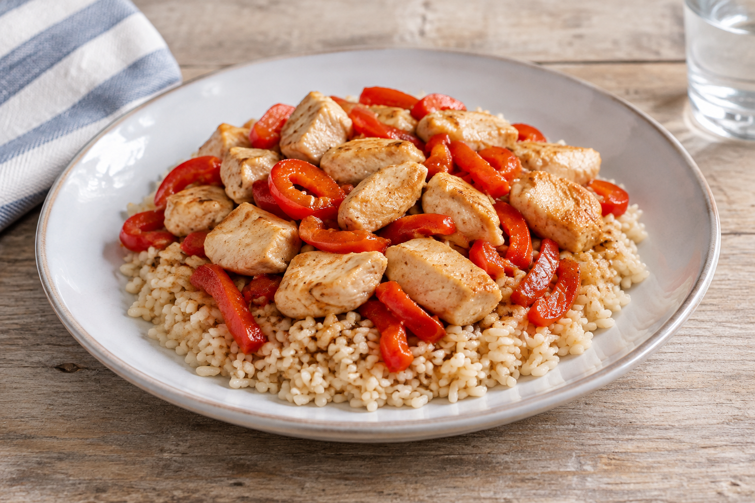 Arroz integral com peito de frango e pimentão vermelho