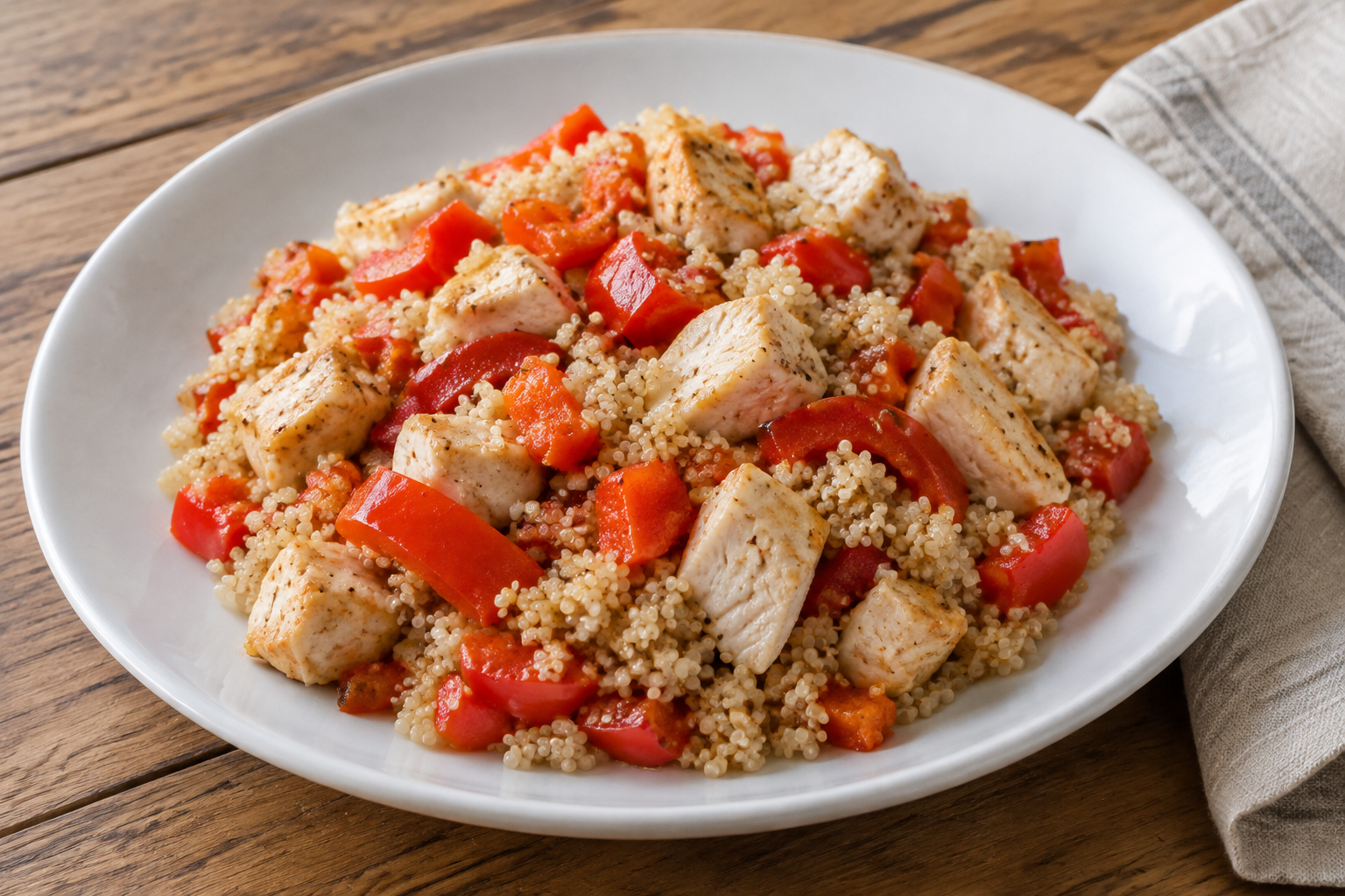 Quinoa quente com peito de frango e pimentão vermelho