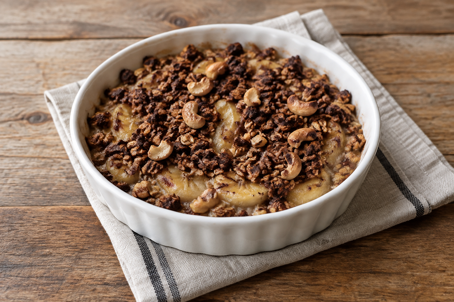 Crumble de aveia com banana e castanha-de-caju com cacau em pó sem açúcar