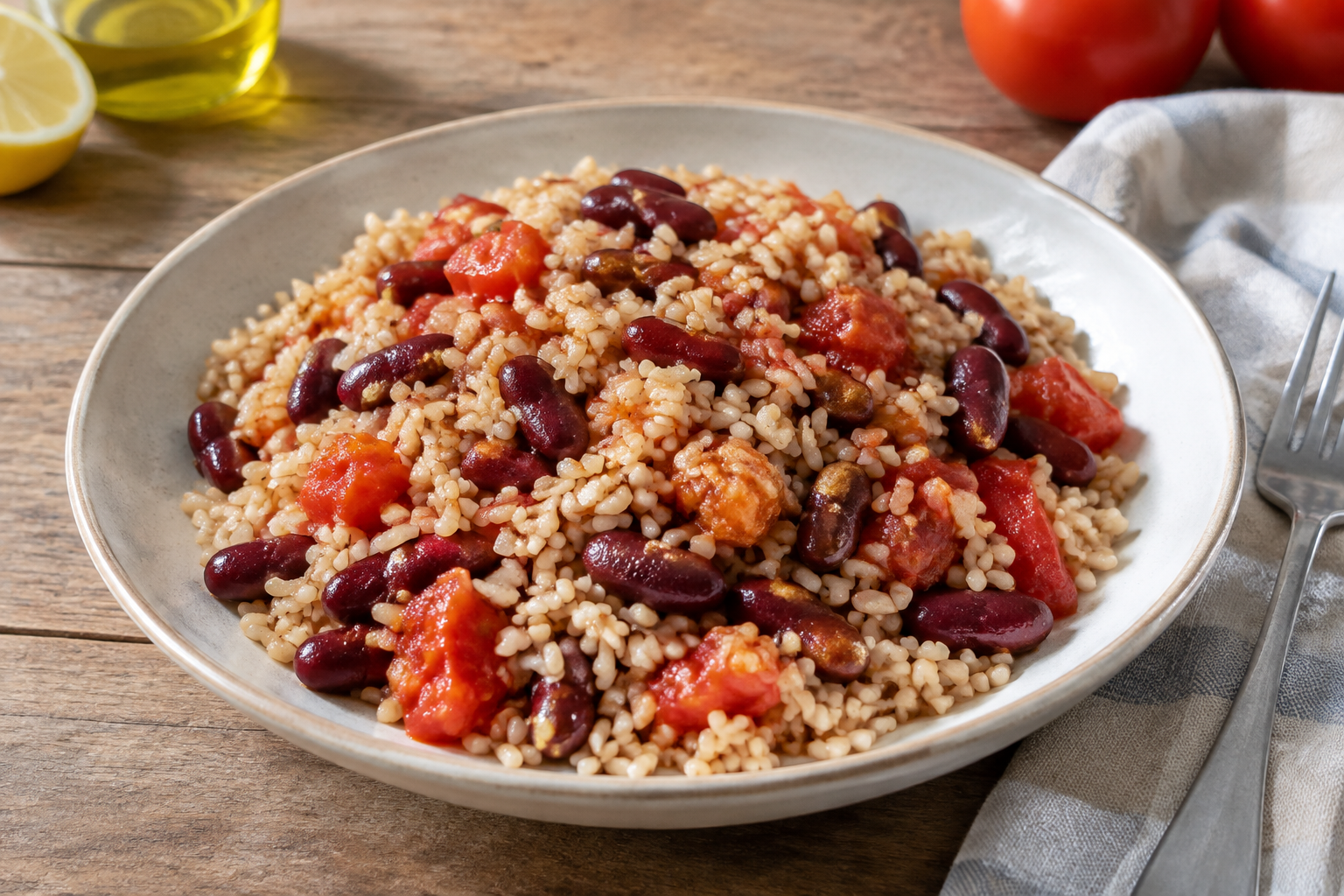 Quinoa quente com feijão vermelho cozido e tomate · arroz integral