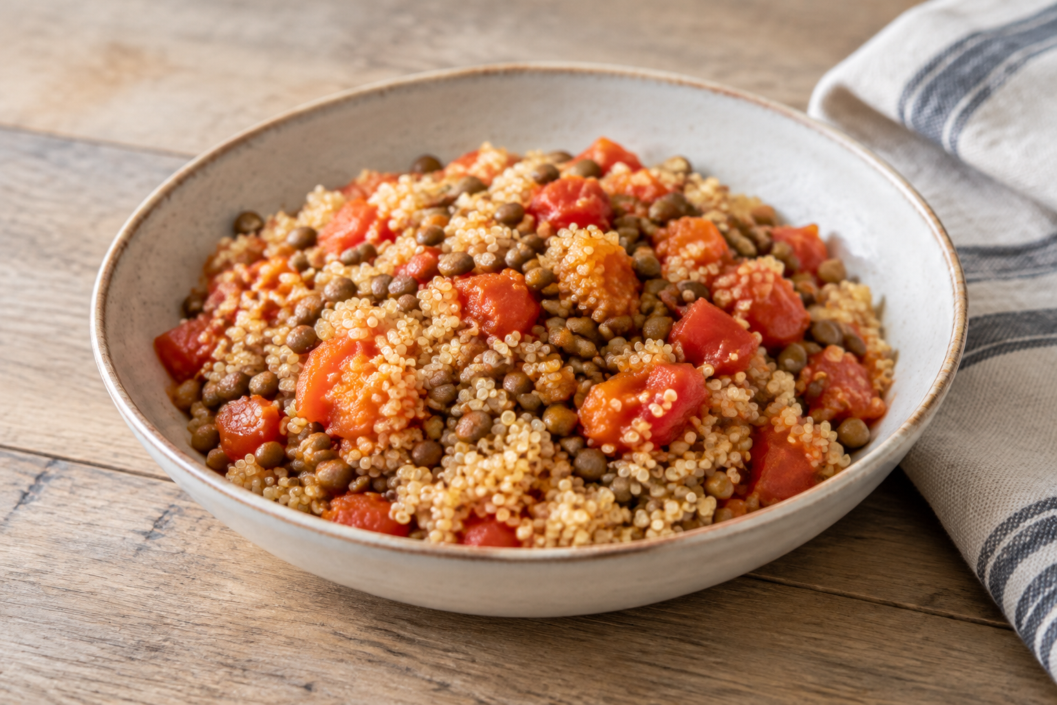 Quinoa quente com lentilha cozida e tomate