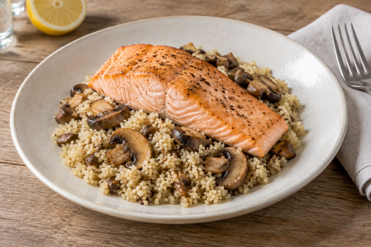 Quinoa quente com salmão e cogumelos