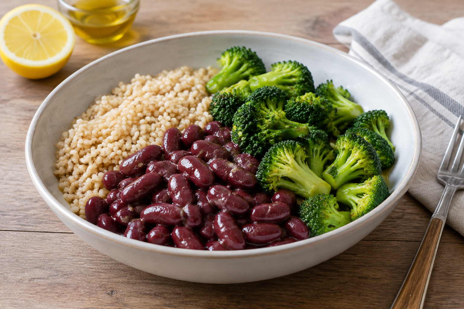 Bowl morno com feijão vermelho cozido e brócolis · arroz integral