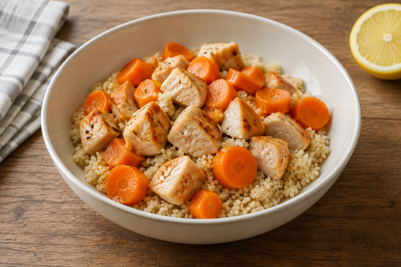 Bowl morno com peito de frango e cenoura · quinoa