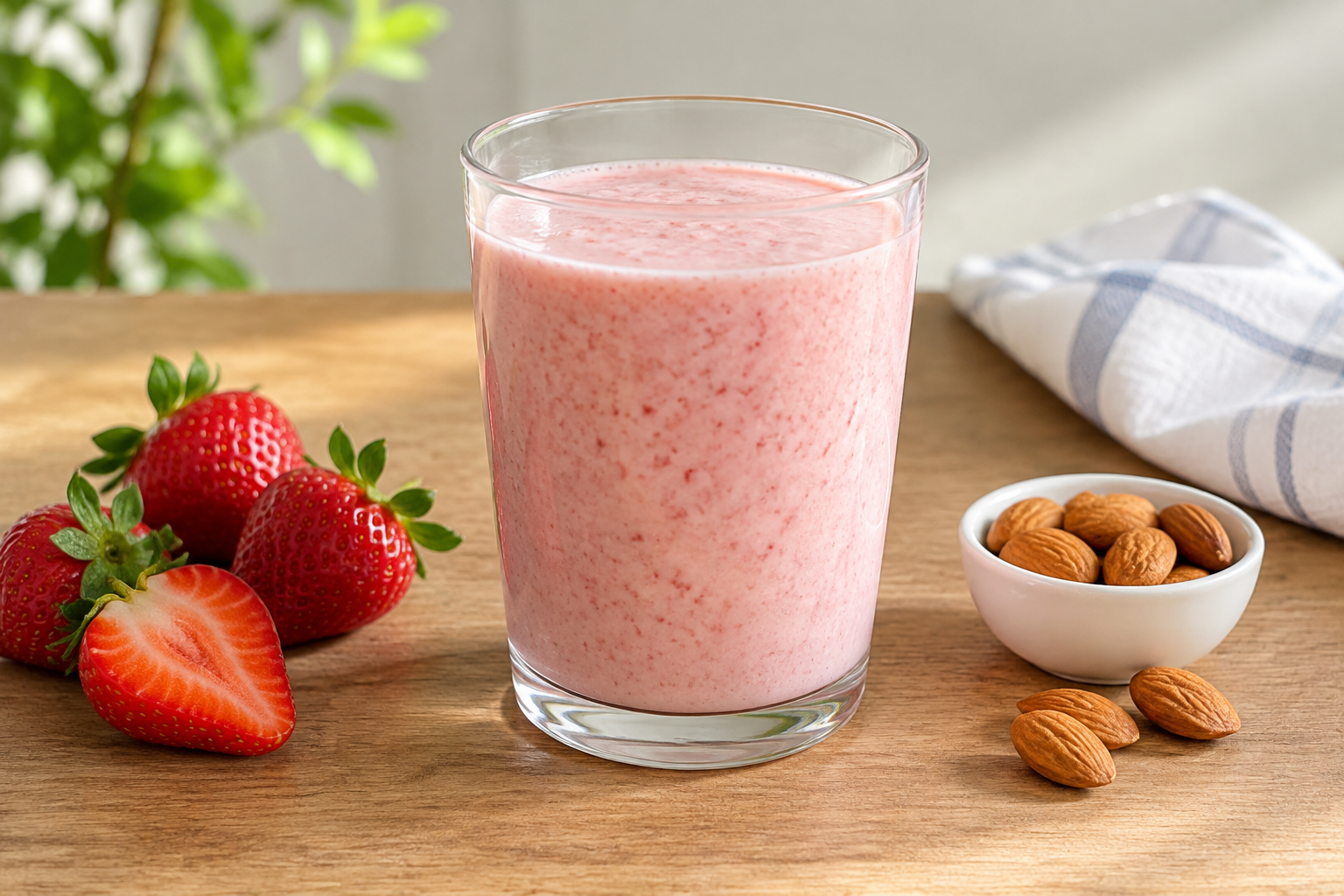 Vitamina cremosa com morango e amêndoas