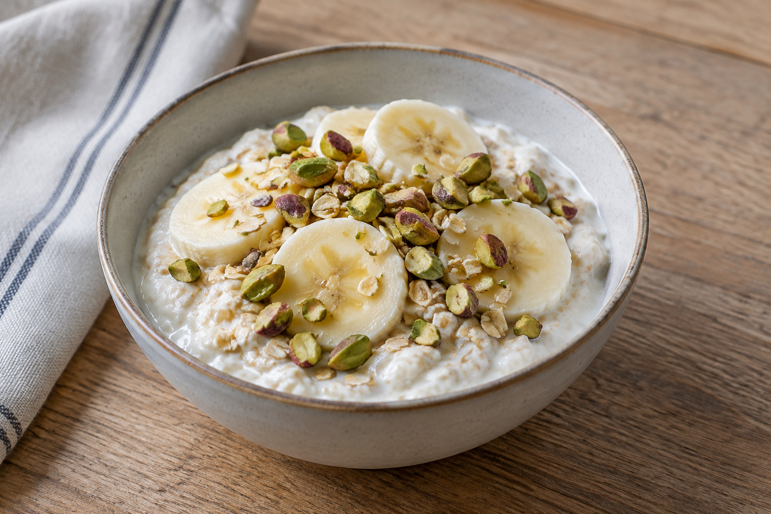 Iogurte com banana e pistache com aveia em flocos
