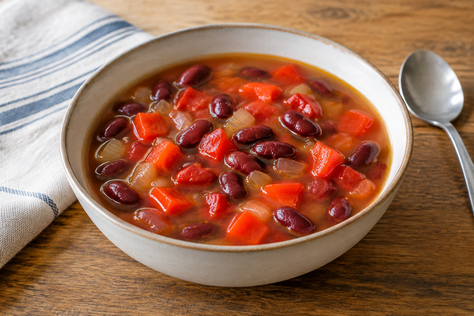 Sopa caseira com feijão vermelho cozido e pimentão vermelho