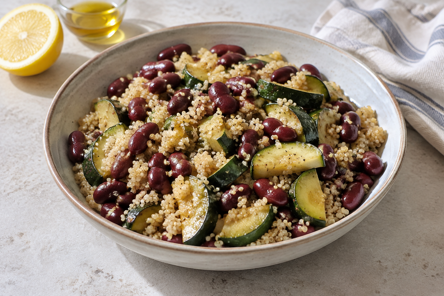 Bowl morno com feijão vermelho cozido e abobrinha · quinoa