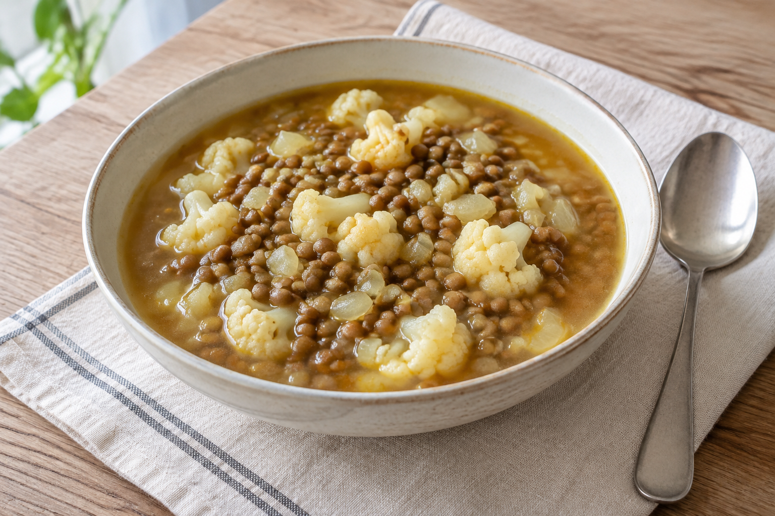 Sopa caseira com lentilha cozida e couve-flor
