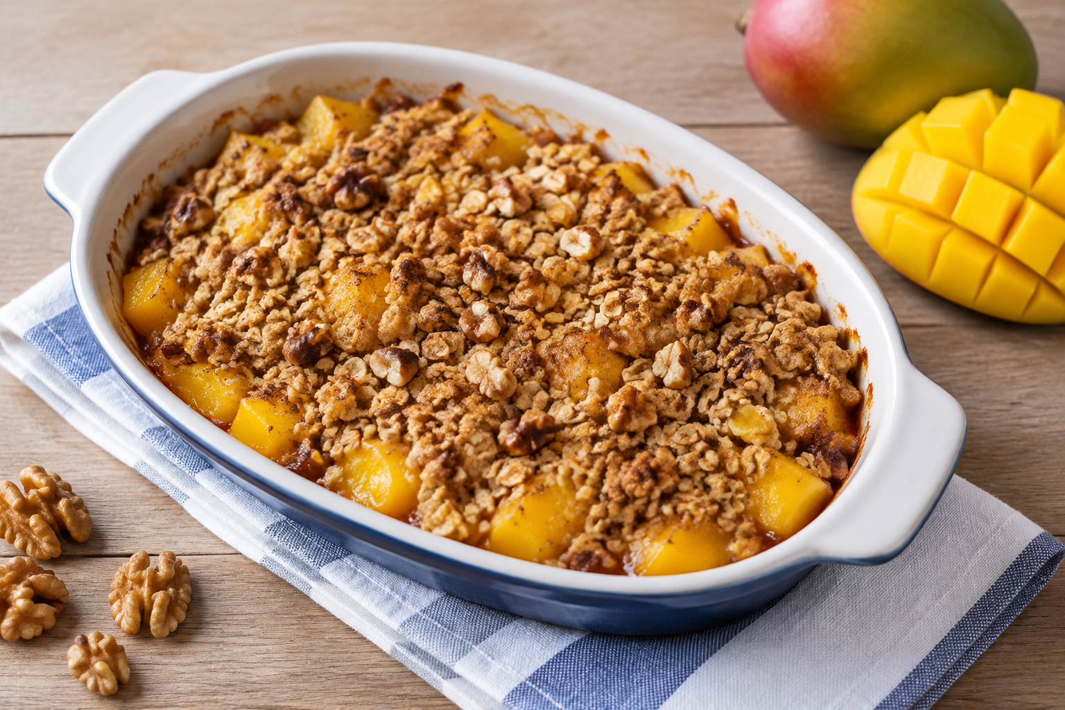 Crumble de aveia com manga e nozes