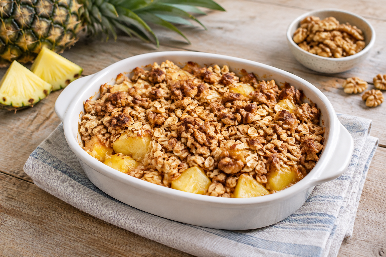 Crumble de aveia com abacaxi e nozes