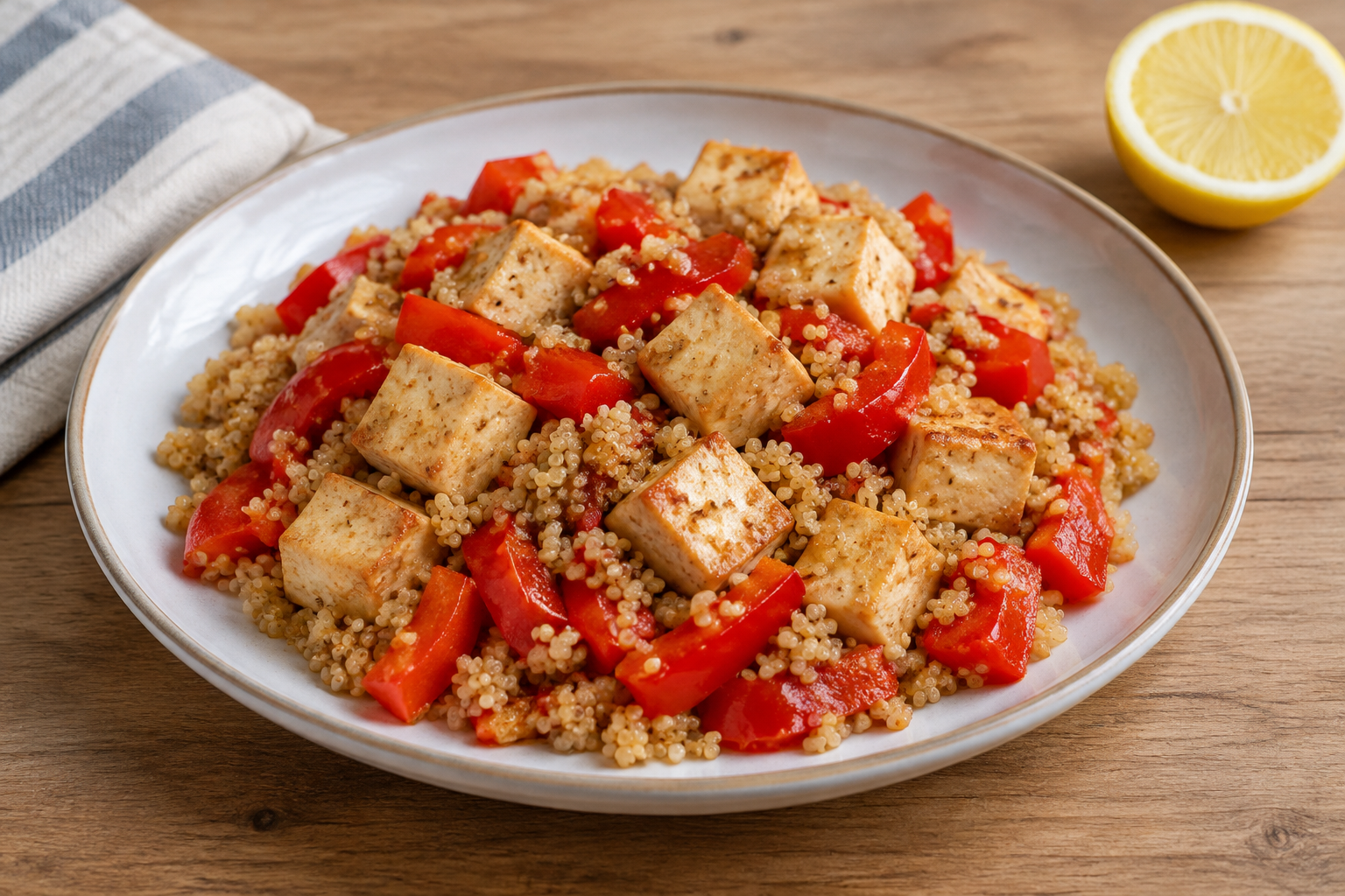 Quinoa quente com tofu firme e pimentão vermelho