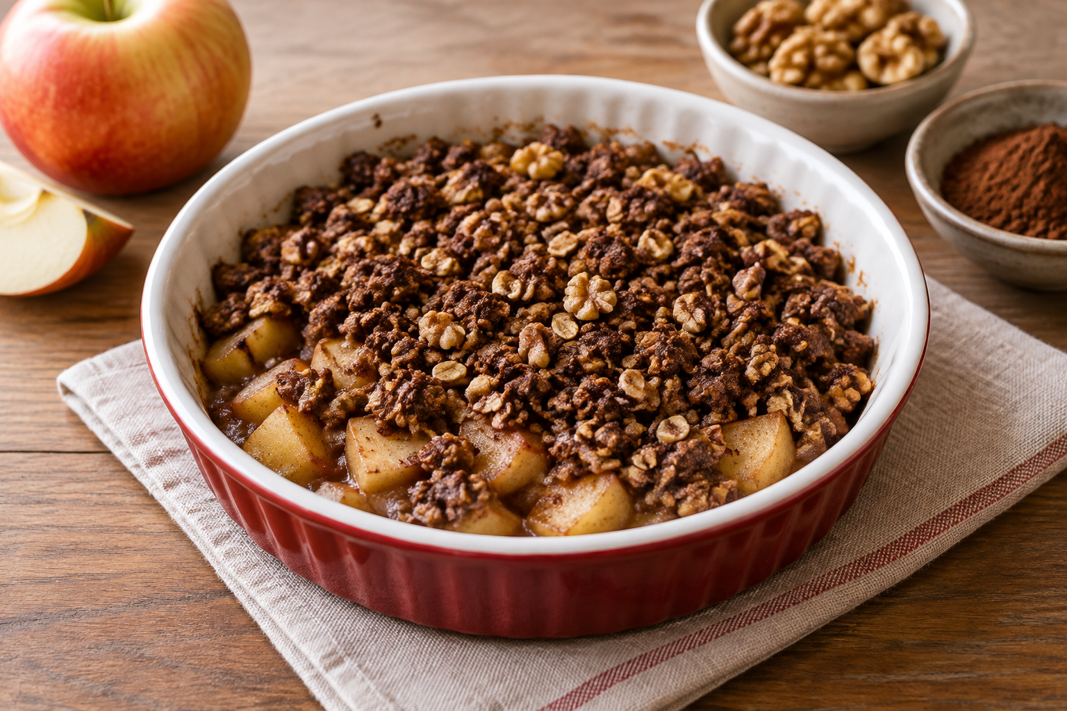 Crumble de aveia com maçã e nozes com cacau em pó sem açúcar
