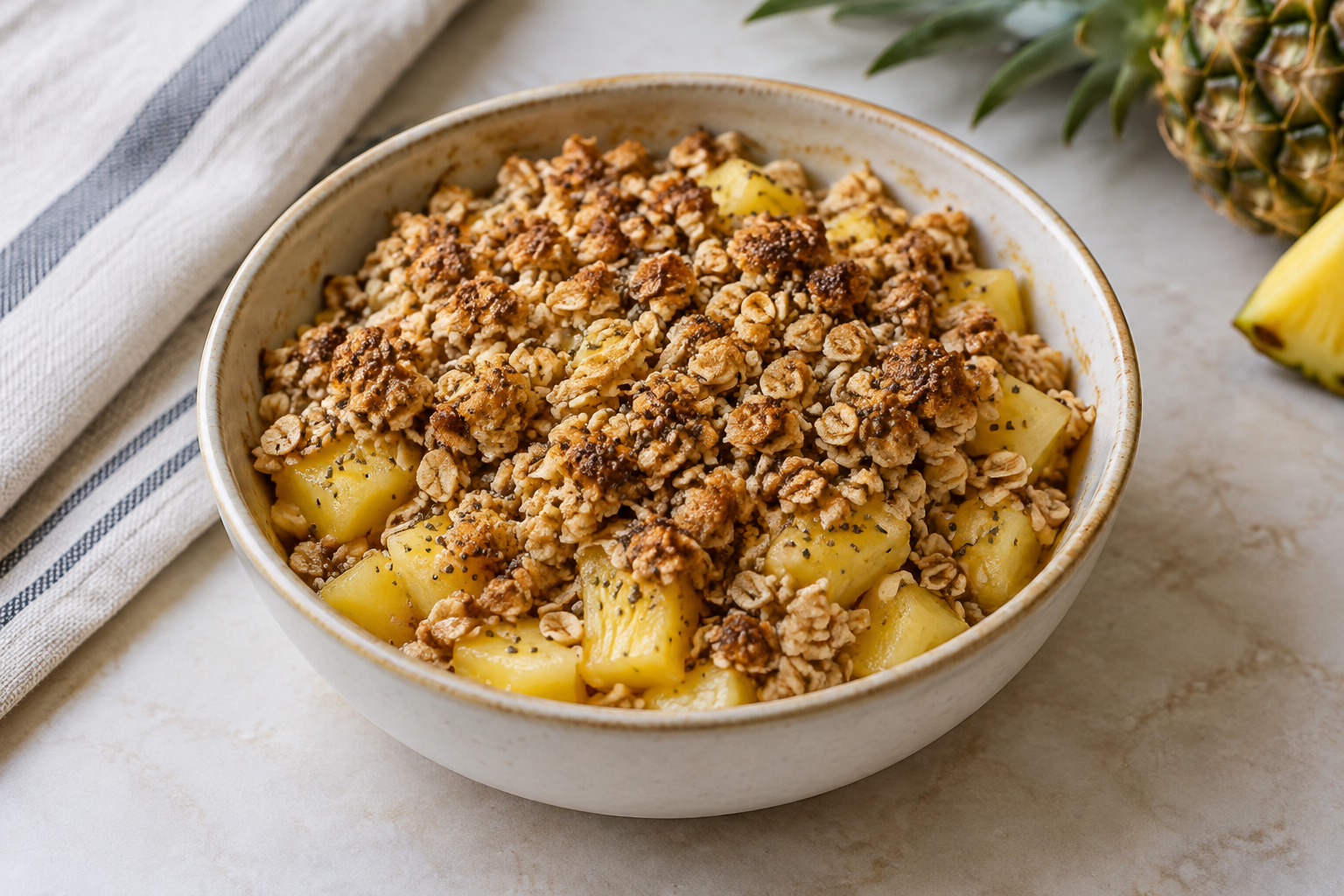 Crumble de aveia com abacaxi e chia