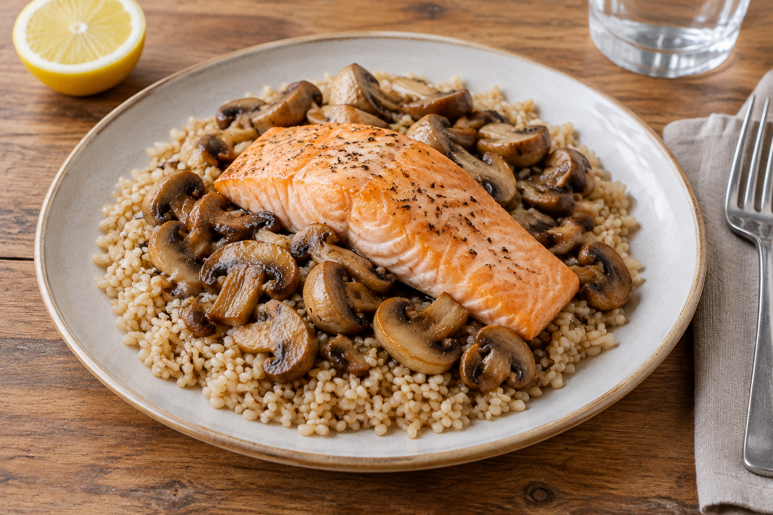 Arroz integral com salmão e cogumelos