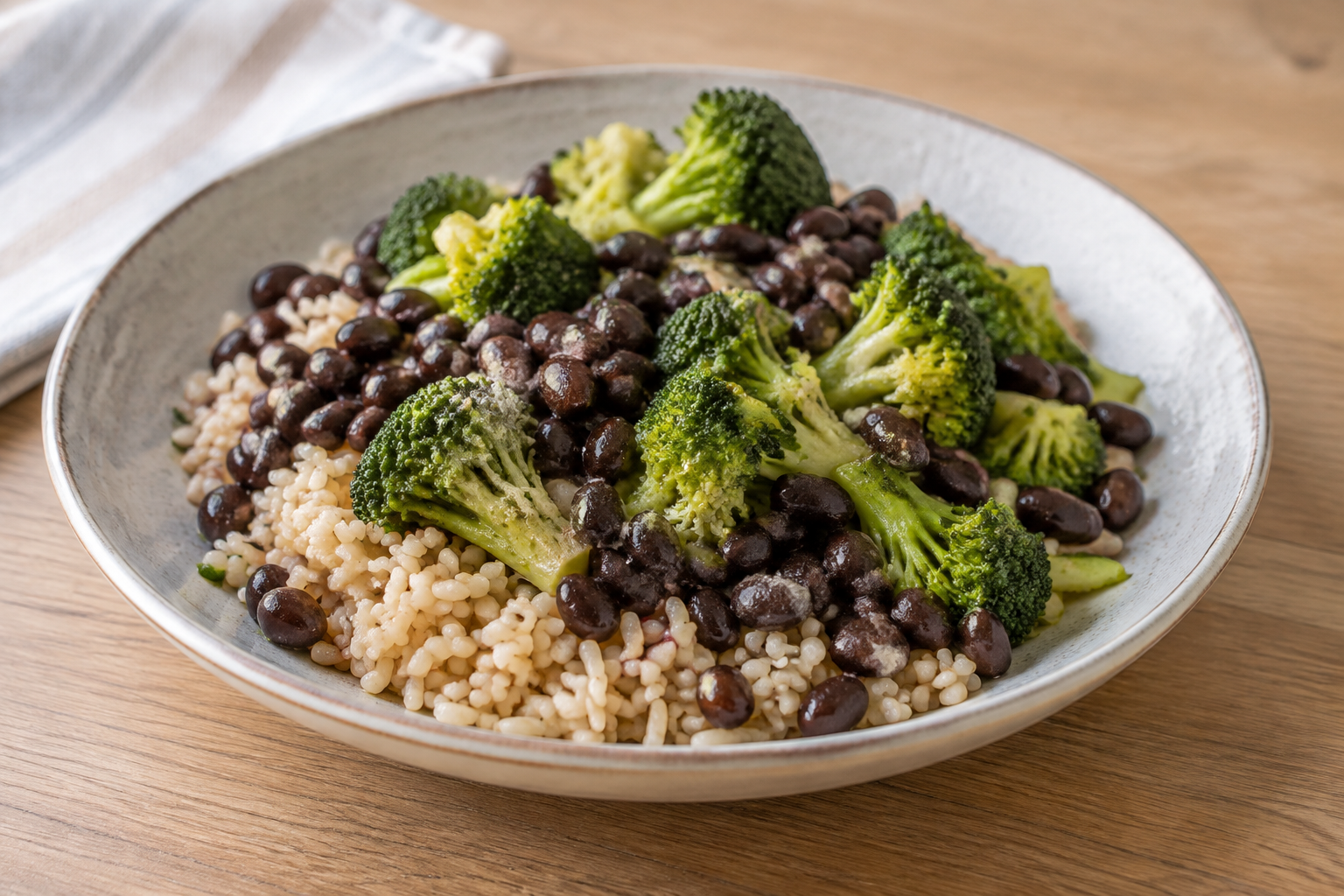 Quinoa quente com feijão preto cozido e brócolis · arroz integral