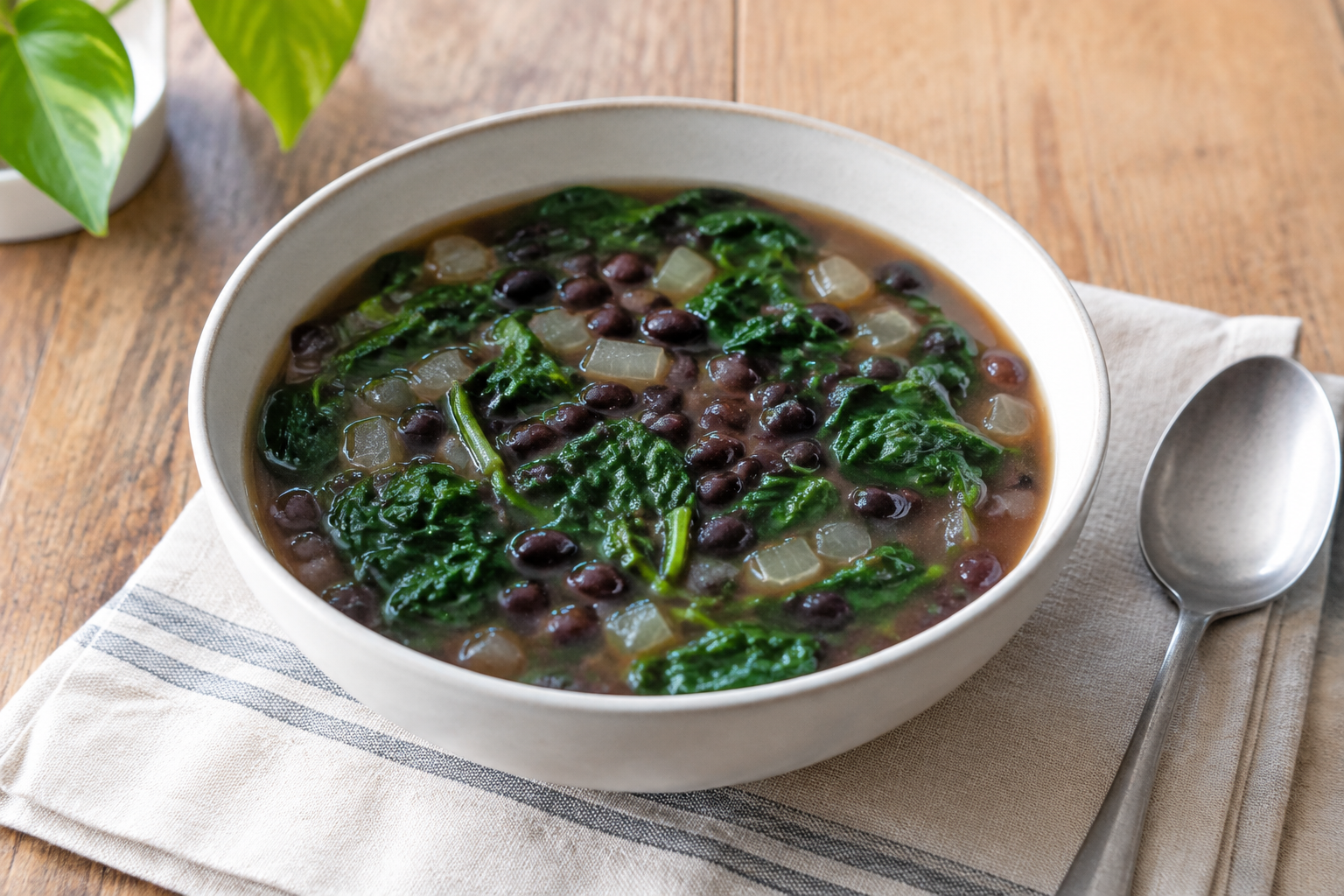 Sopa caseira com feijão preto cozido e espinafre