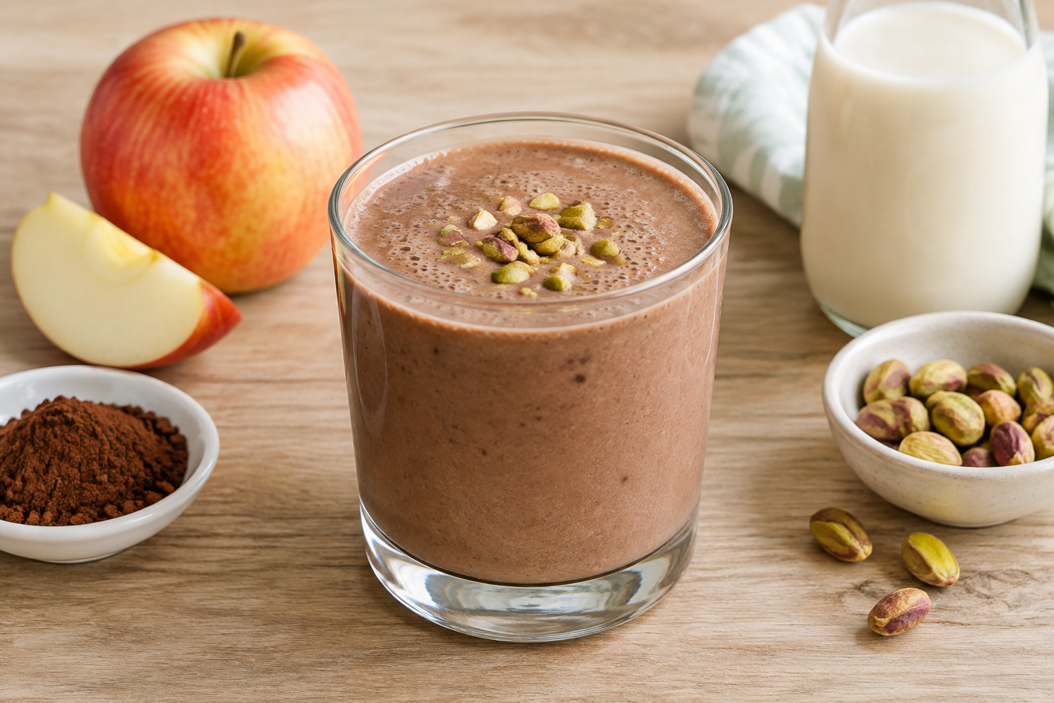 Vitamina cremosa com maçã e pistache com cacau em pó sem açúcar
