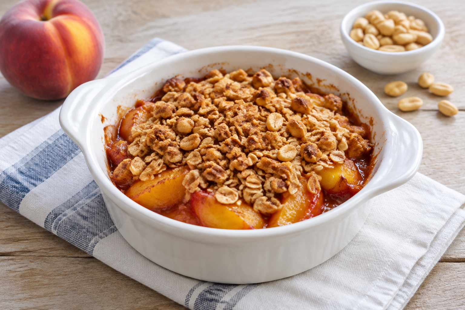 Crumble de aveia com pêssego e amendoim