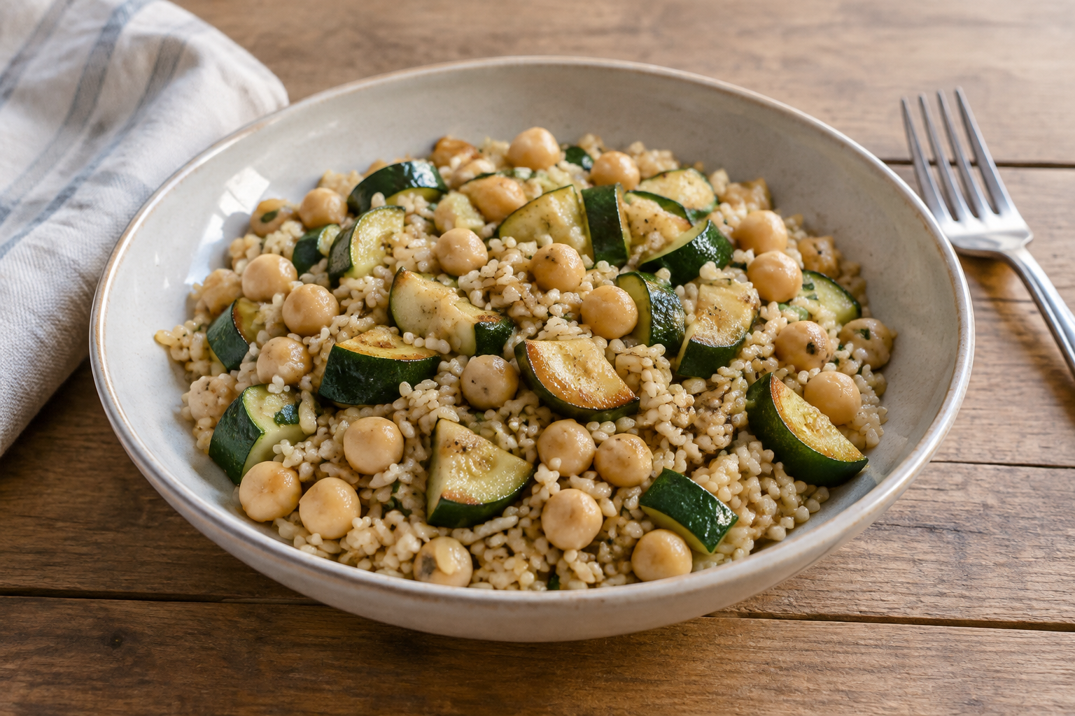 Arroz integral com grão-de-bico cozido e abobrinha