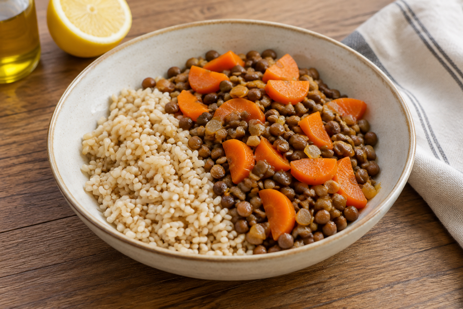 Bowl morno com lentilha cozida e cenoura · arroz integral