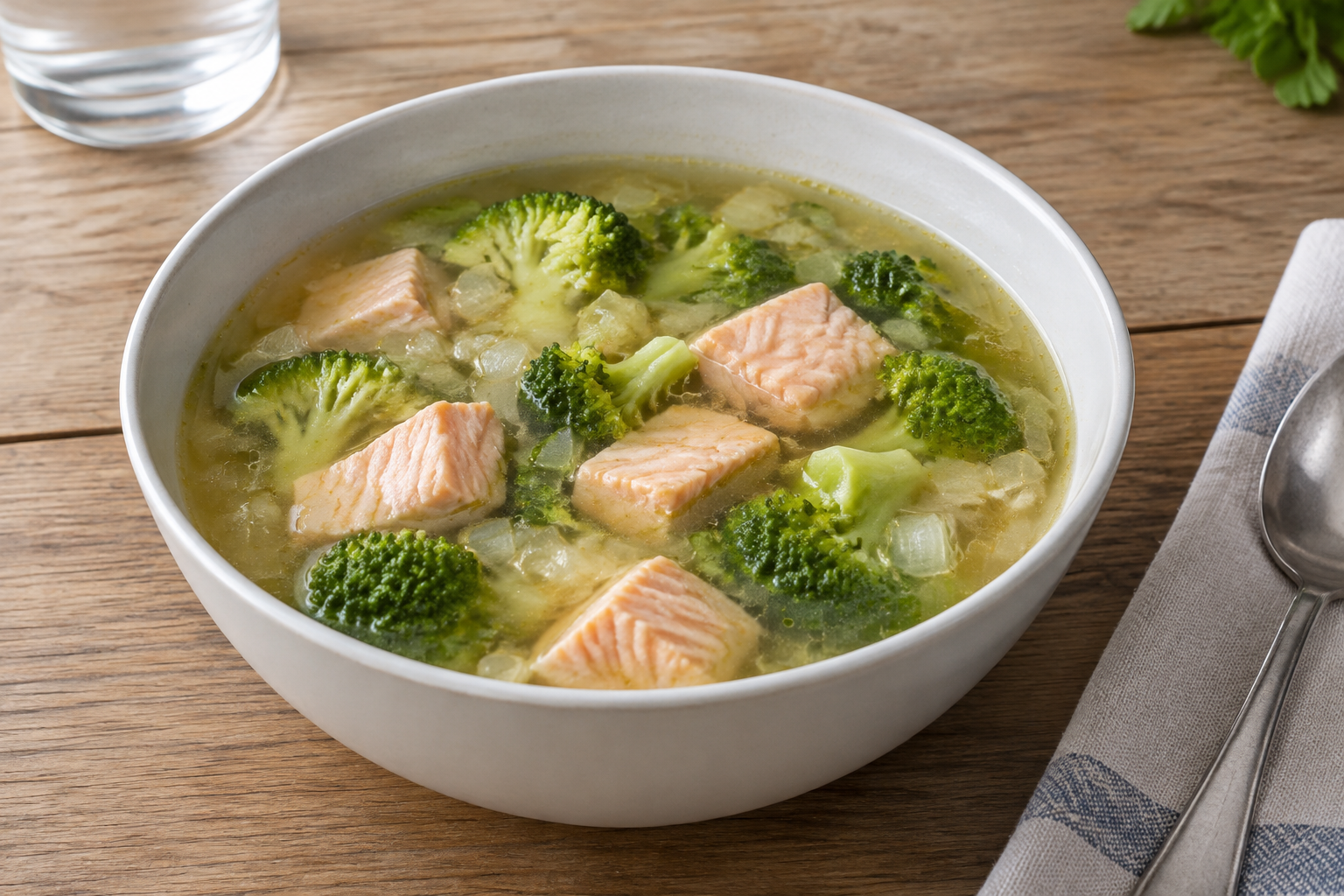Sopa caseira com salmão e brócolis