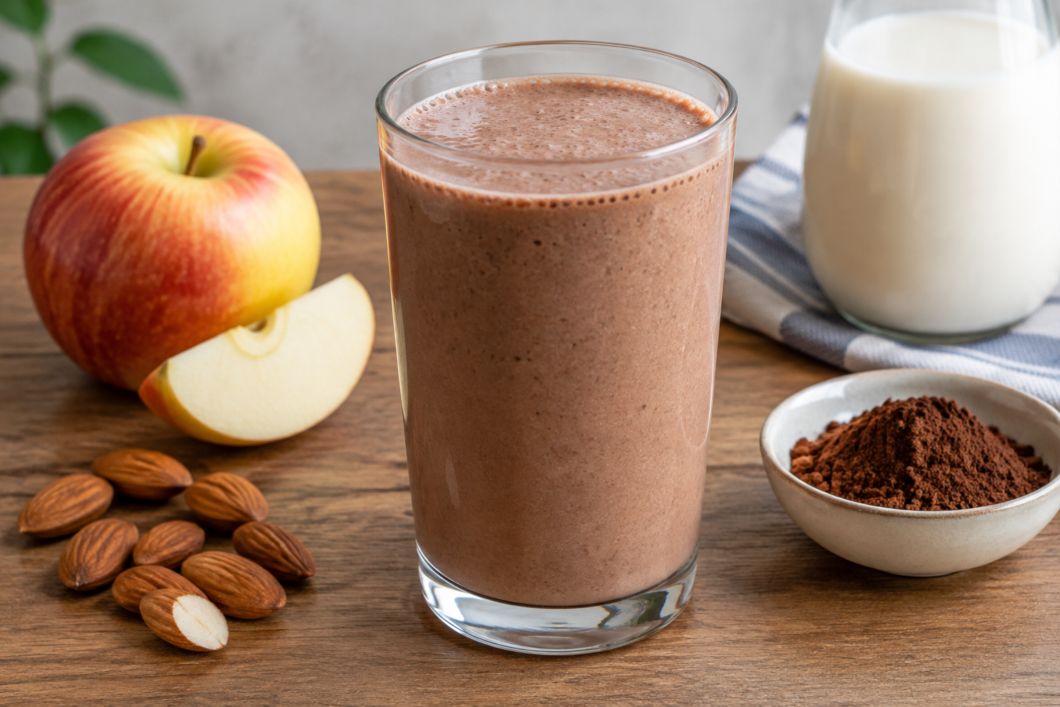 Vitamina cremosa com maçã e amêndoas com cacau em pó sem açúcar