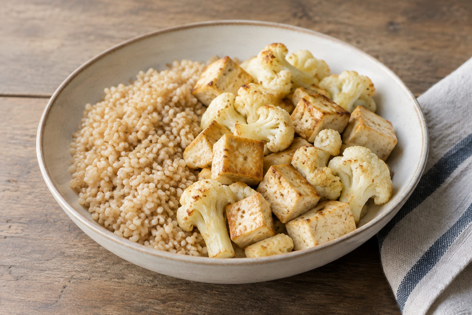 Arroz integral com tofu firme e couve-flor