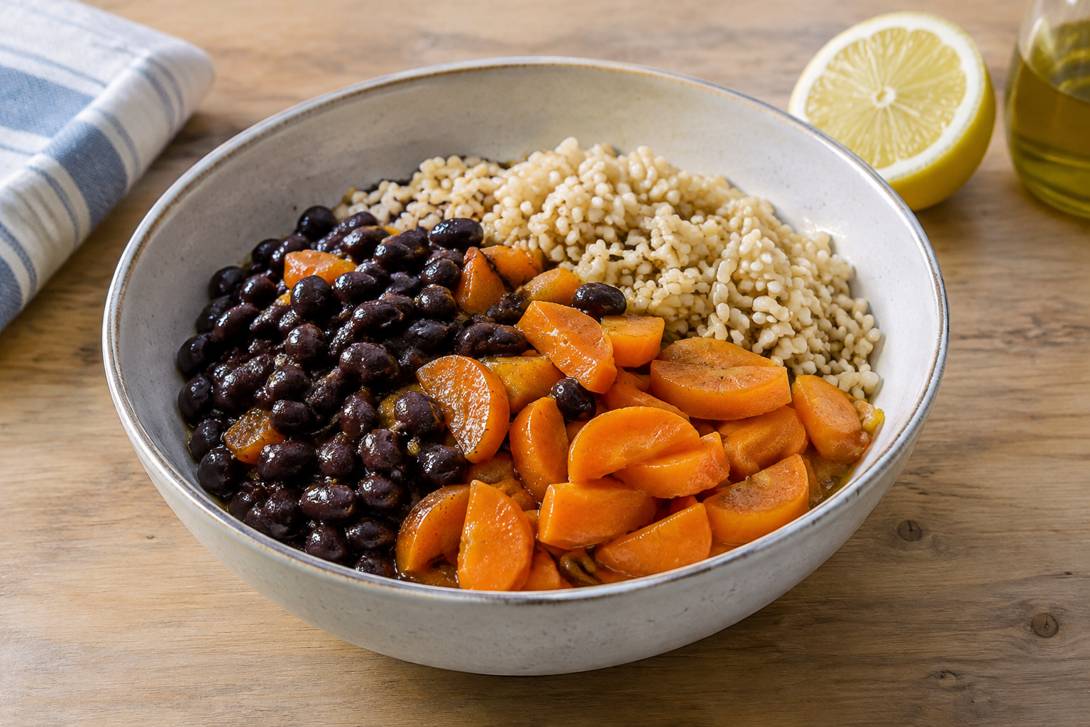 Bowl morno com feijão preto cozido e cenoura · arroz integral