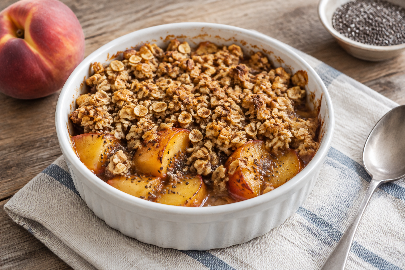 Crumble de aveia com pêssego e chia