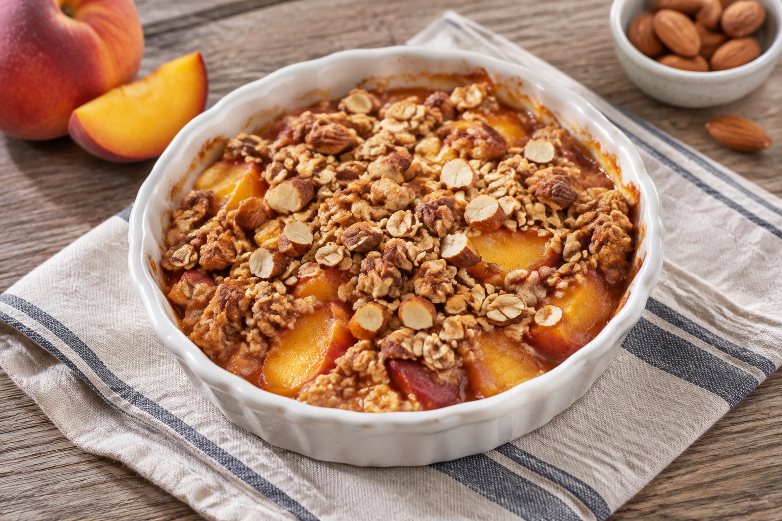 Crumble de aveia com pêssego e amêndoas