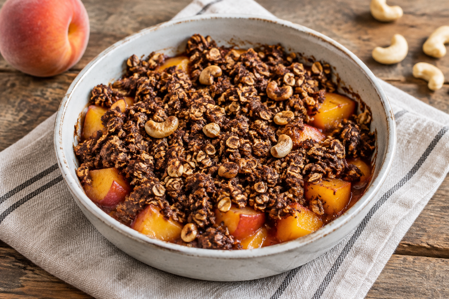 Crumble de aveia com pêssego e castanha-de-caju com cacau em pó sem açúcar