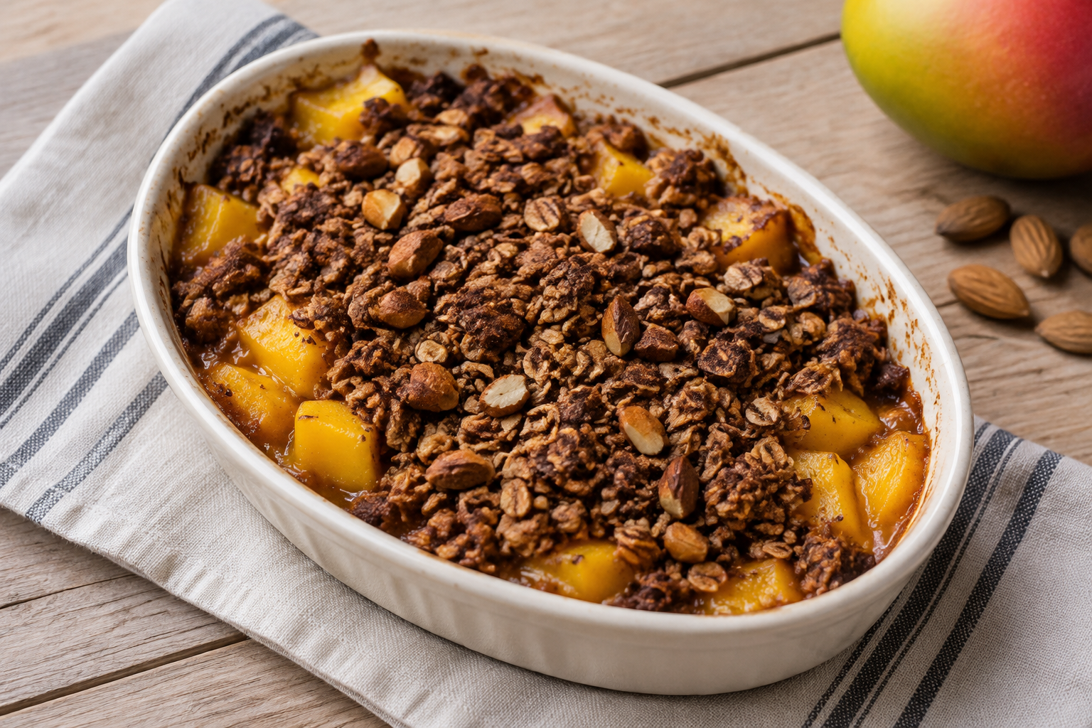 Crumble de aveia com manga e amêndoas com cacau em pó sem açúcar