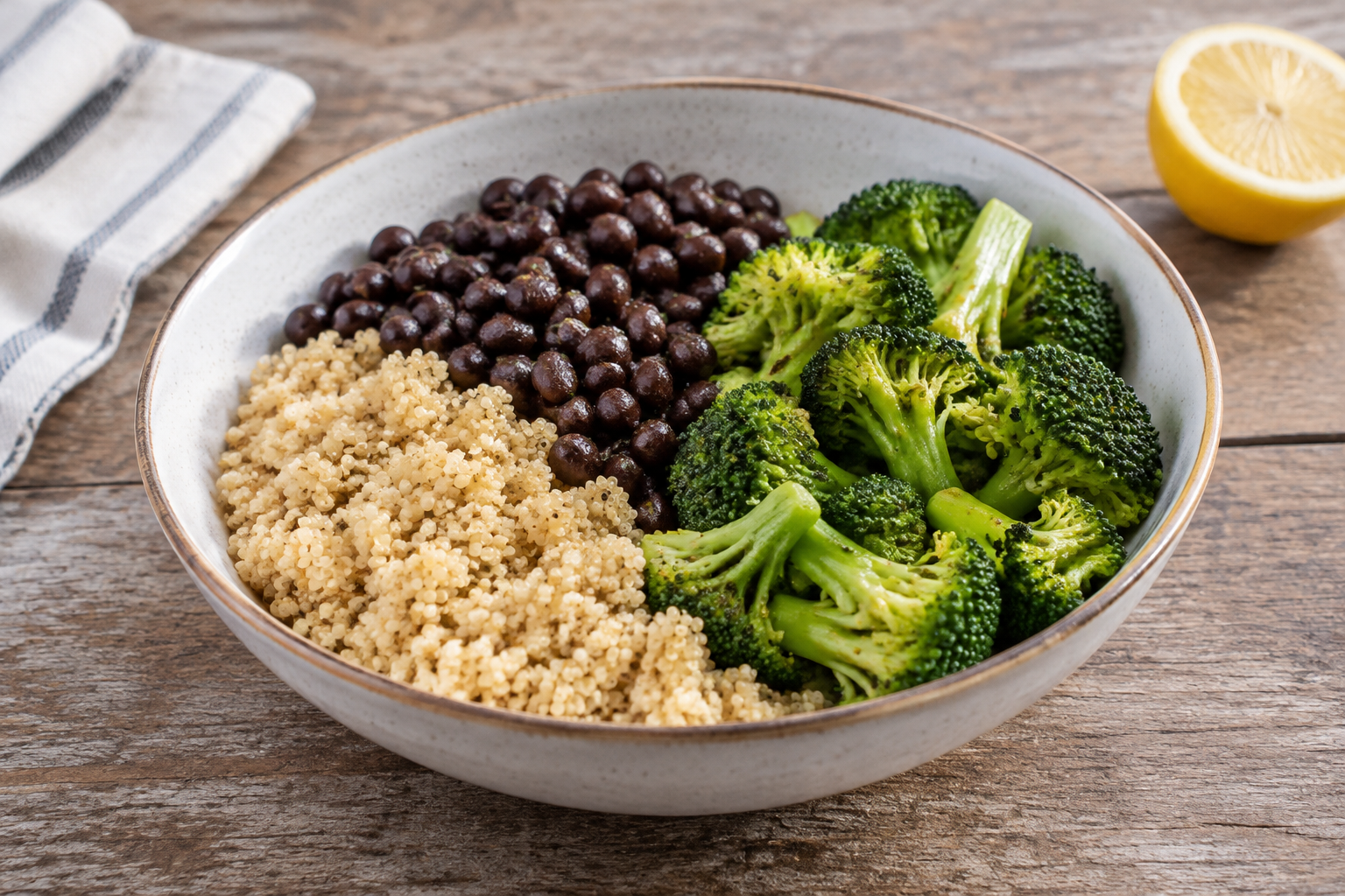 Bowl morno com feijão preto cozido e brócolis · quinoa