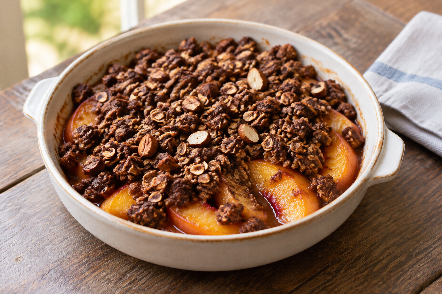 Crumble de aveia com pêssego e amêndoas com cacau em pó sem açúcar