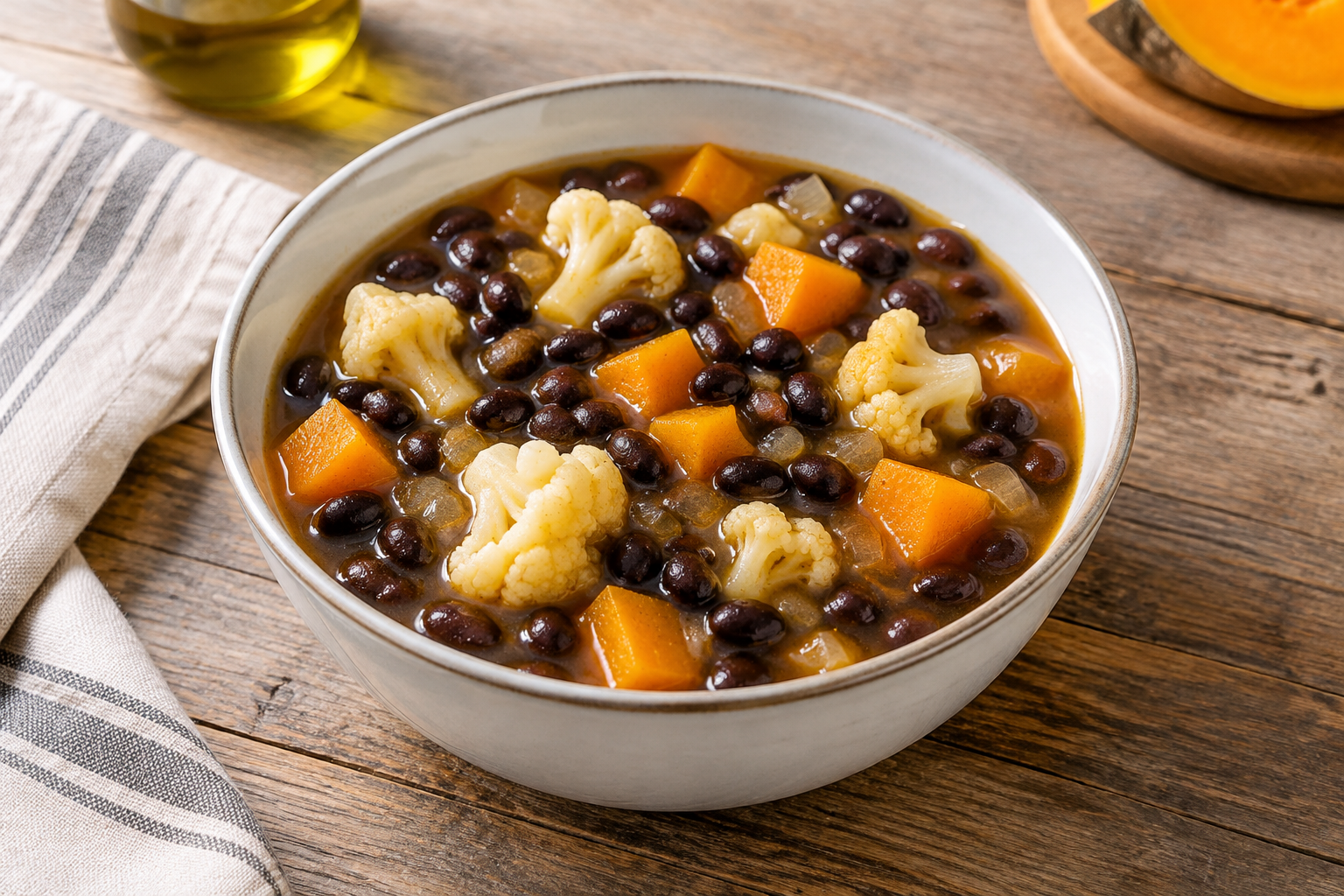 Sopa caseira com feijão preto cozido e couve-flor com abóbora em cubos