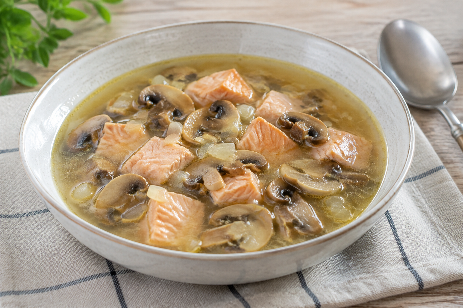 Sopa caseira com salmão e cogumelos