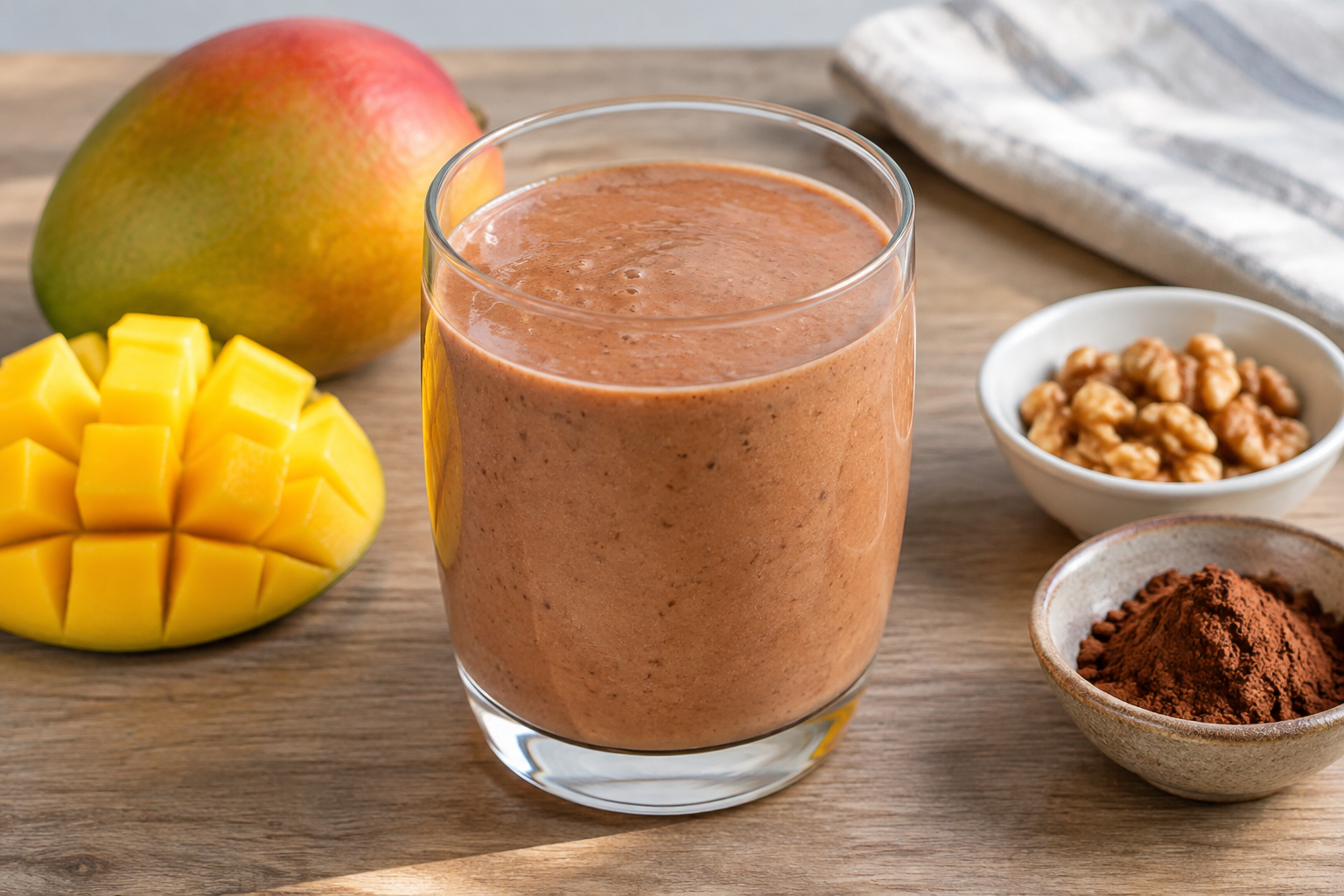 Vitamina cremosa com manga e nozes com cacau em pó sem açúcar